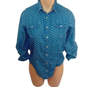 NWOT Juniors Wallflower Chambray Polka Dot Denim Button Down Shirt Twee Modest S